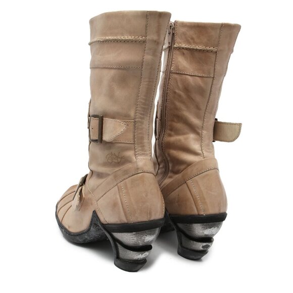 Eject Leather Boot Steampunk Moto Booties Buckles Straps Spiral Heel Tan Beige - Picture 8 of 12